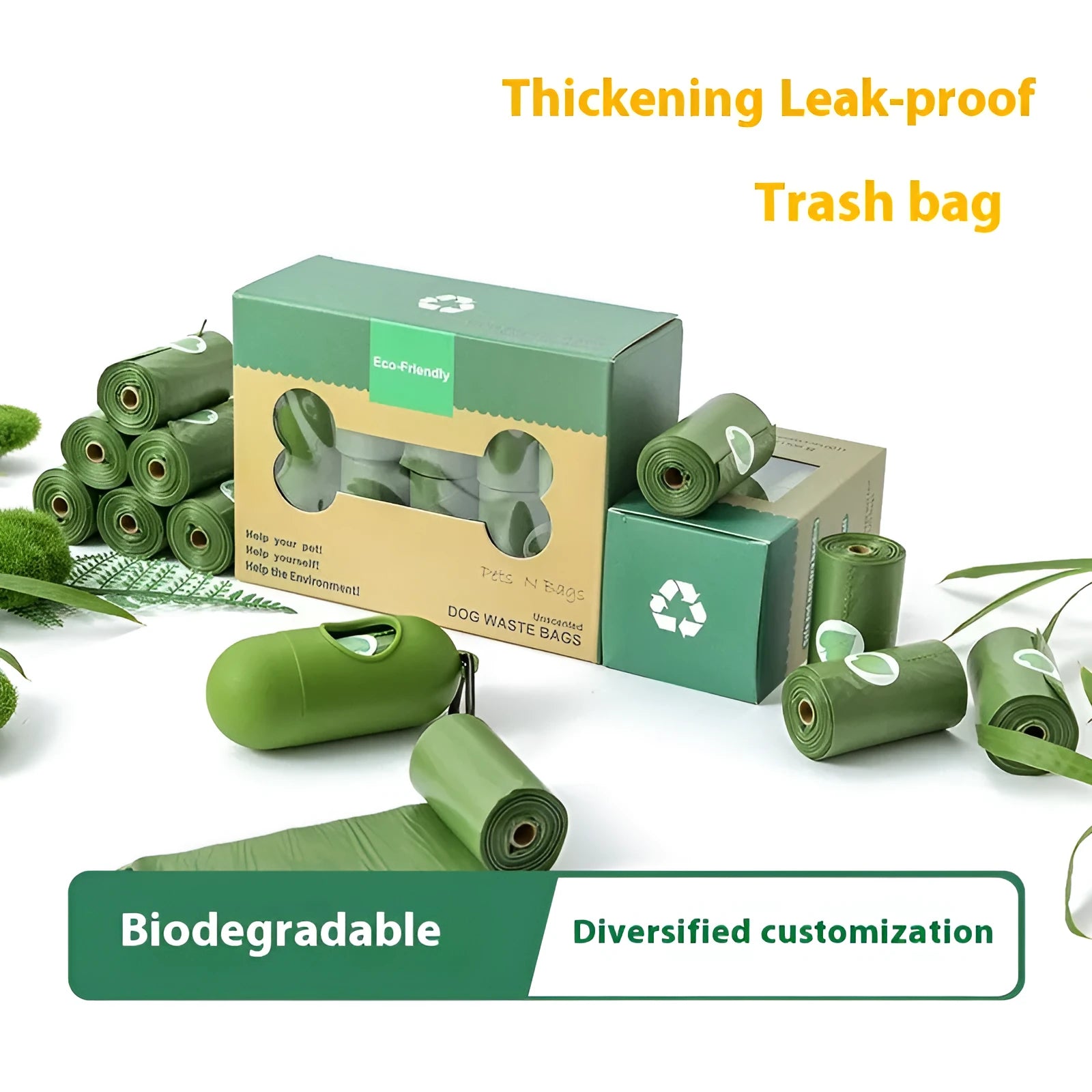Green EPI degradable pet waste bags on a roll next to a white dispenser.