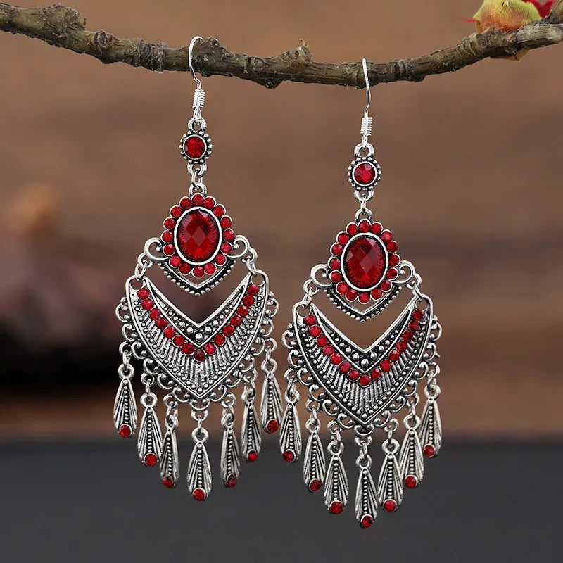 Purple retro fringe drop earrings with crystal detailing and ethnic styling
