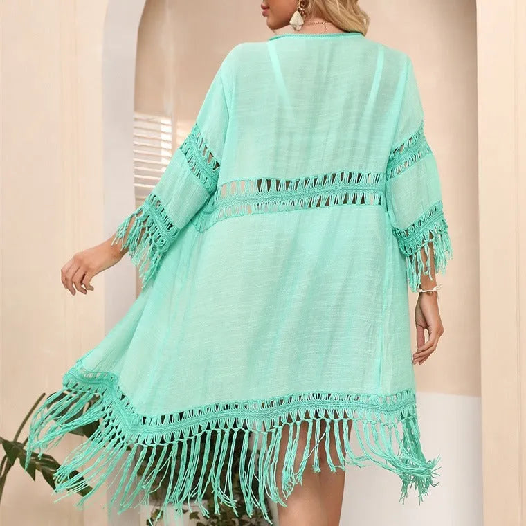 Women's crochet cardigan beach cover-up with tassels in water green colour