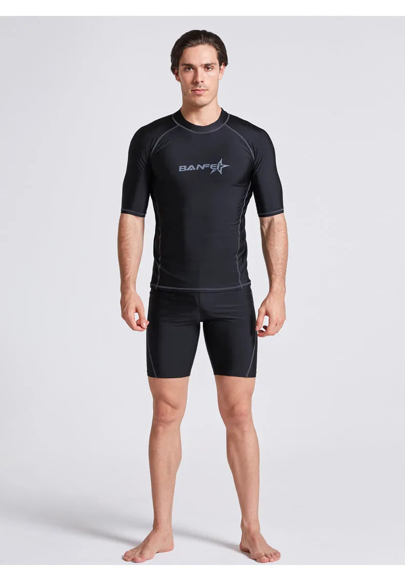 Men's blue quick-dry half sleeve swimsuit for surfing and snorkelling with nylon fabric
