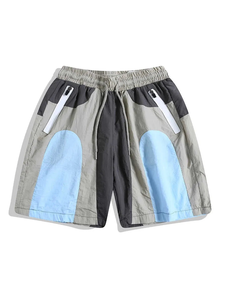 Blue patchwork quick-drying outdoor sports shorts with straight-leg loose fit design