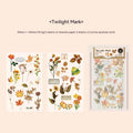 Huazhisen Series art sticker pack showing forest-themed label designs on transfer paper and cotton linen sheets.