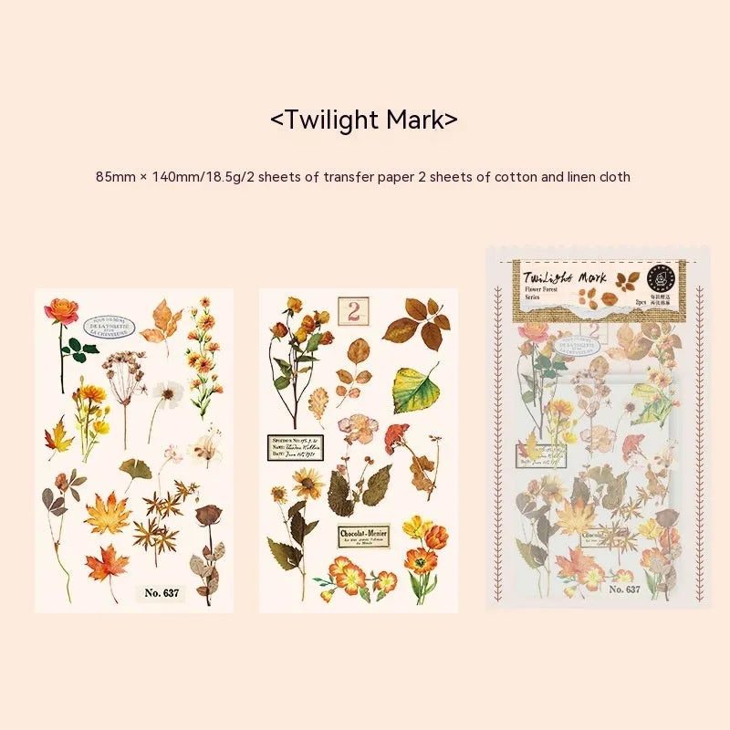 Huazhisen Series art sticker pack showing forest-themed label designs on transfer paper and cotton linen sheets.