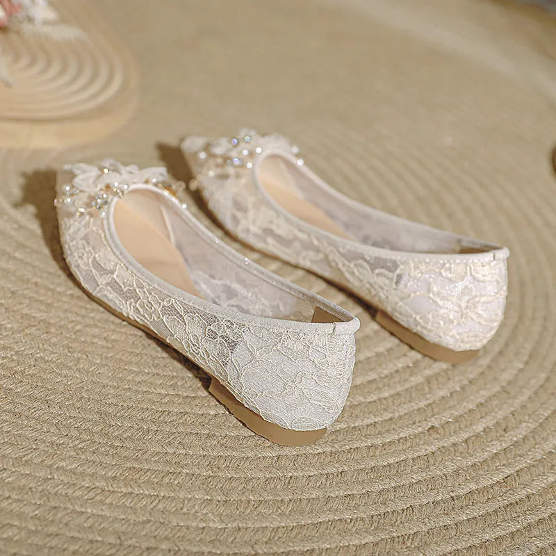 Apricot flat heel wedding shoes with lace and rhinestone details, shallow mouth, low top, sizes 35 to 43