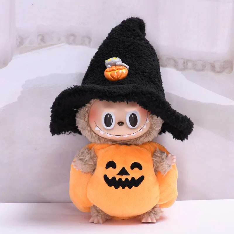 Halloween pumpkin doll clothes with black hat, plush doll outfit and hat set for doll or hanging ornament use