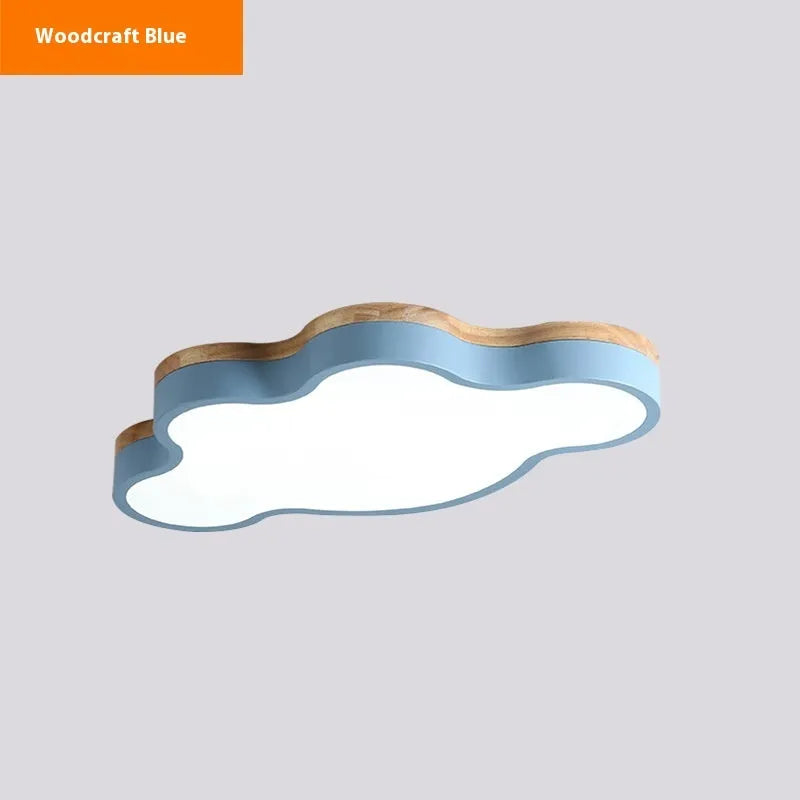 Cloud shaped wooden frame LED ceiling lamp showing four colour options and two size configurations