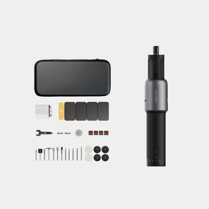 Black hand held rechargeable grinder with USB charging, 3.6V lithium ion battery, and 24-piece accessory set for cutting and polishing.