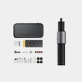 Black hand held rechargeable grinder with USB charging, 3.6V lithium ion battery, and 24-piece accessory set for cutting and polishing.