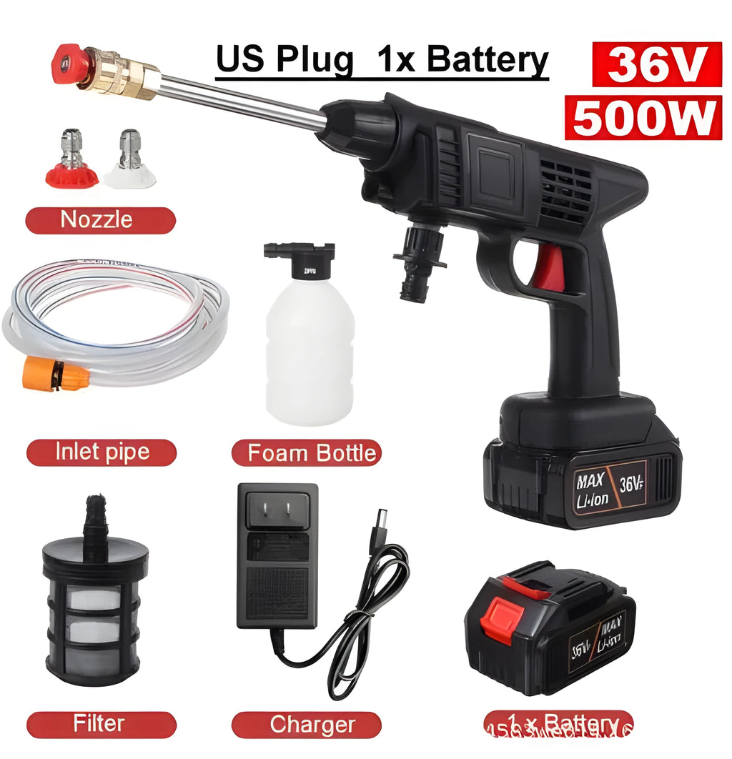 Portable cordless 36V lithium car washing machine gun with foam bottle and 5M water pipe