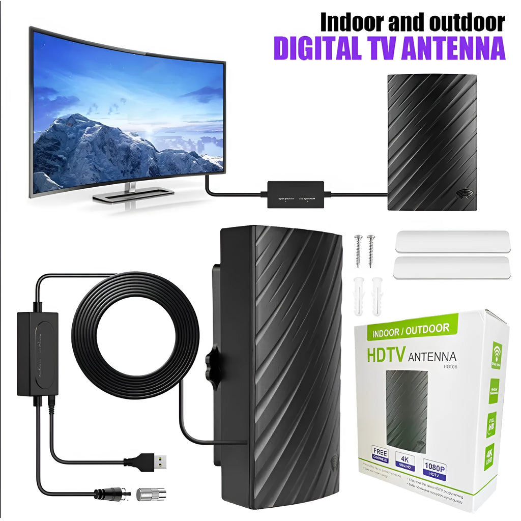 Black indoor digital television antenna with amplifier next to mounting screws, tubes, cable ties, and adhesive tape.