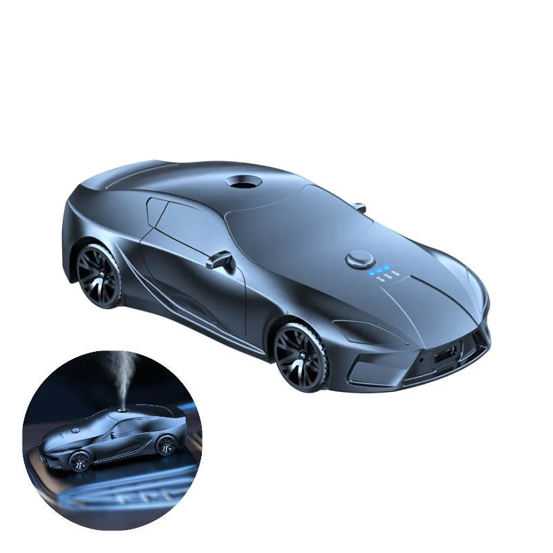 Grey car model aromatherapy diffuser in aluminium alloy, 12.9 cm x 5.9 cm x 3.7 cm, 30ml capacity, with three essential oils