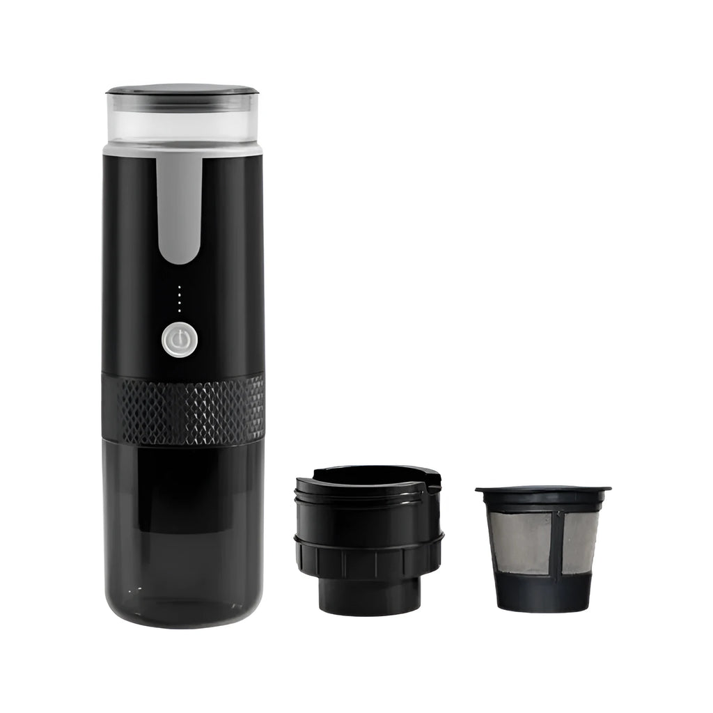 Black portable wireless K-Cup coffee machine for use in car and outdoors