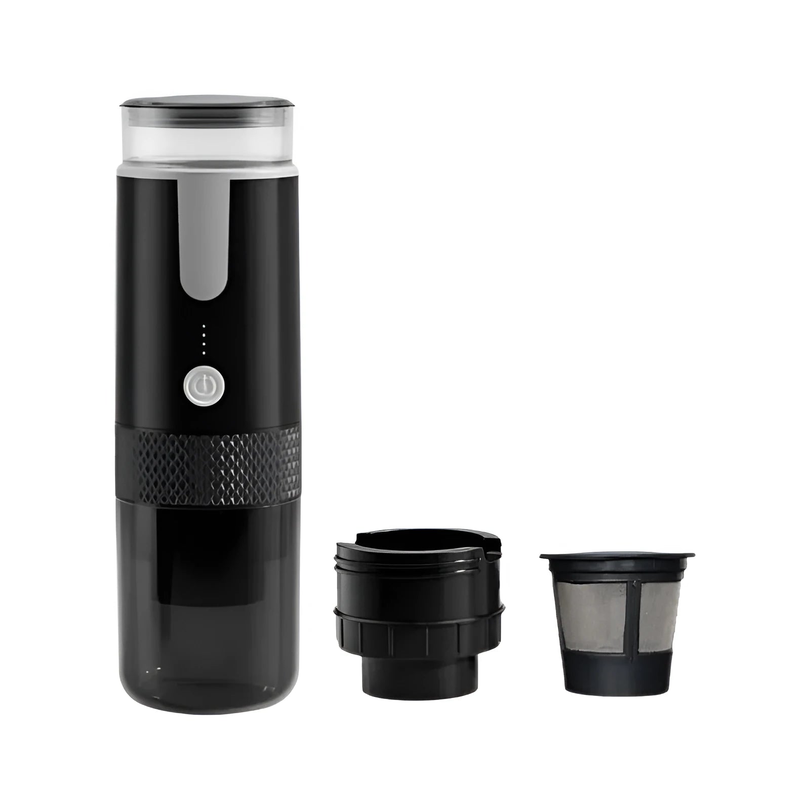 Black portable wireless K-Cup coffee machine for use in car and outdoors