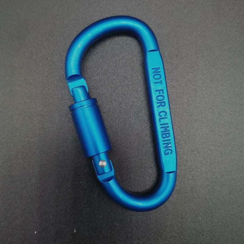 Aluminium D-type carabiner with lock in multiple colour options showing 8cm flat design