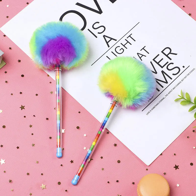 Student creativity colour pompon gift pen with fur ball, cartoon style, 23cm plastic shell