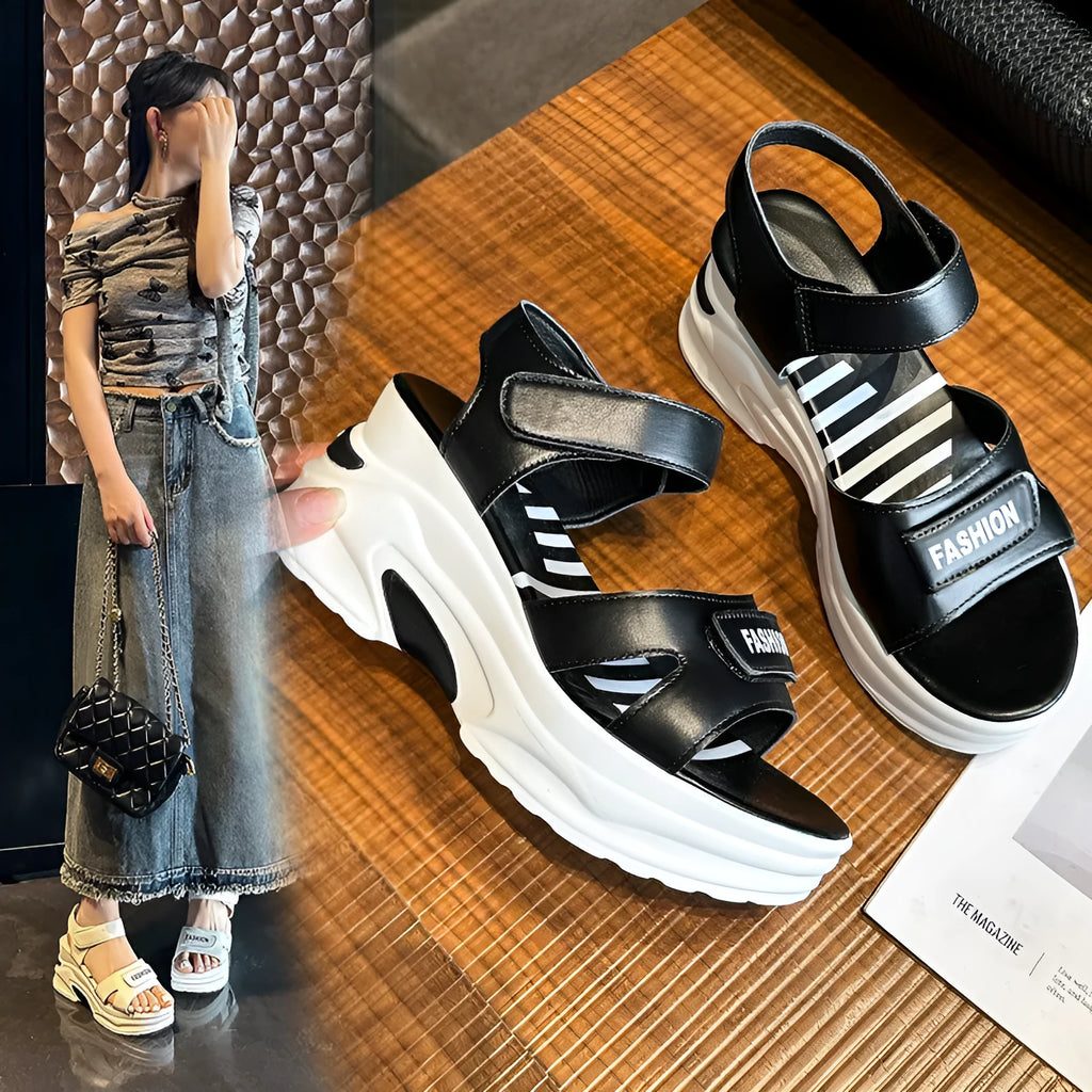 Small muffin platform beach sandals with PU upper, rubber sole, round toe, Velcro strap, creamy-white or black.