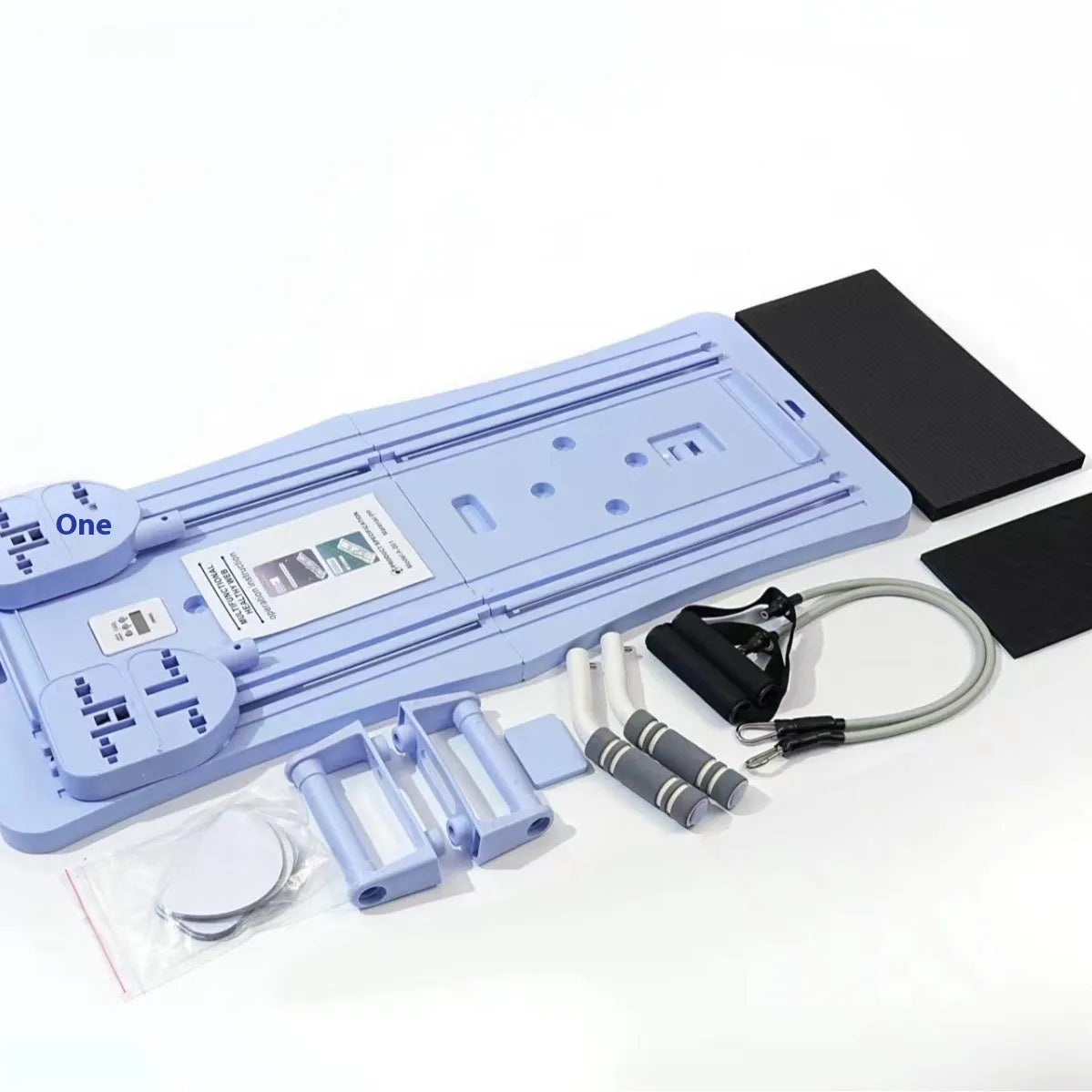 Foldable purple PP plastic flat support trainer belly panel for core exercises on a wooden floor.