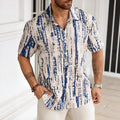 Men's blue and white striped short sleeve casual summer shirt on a hanger.