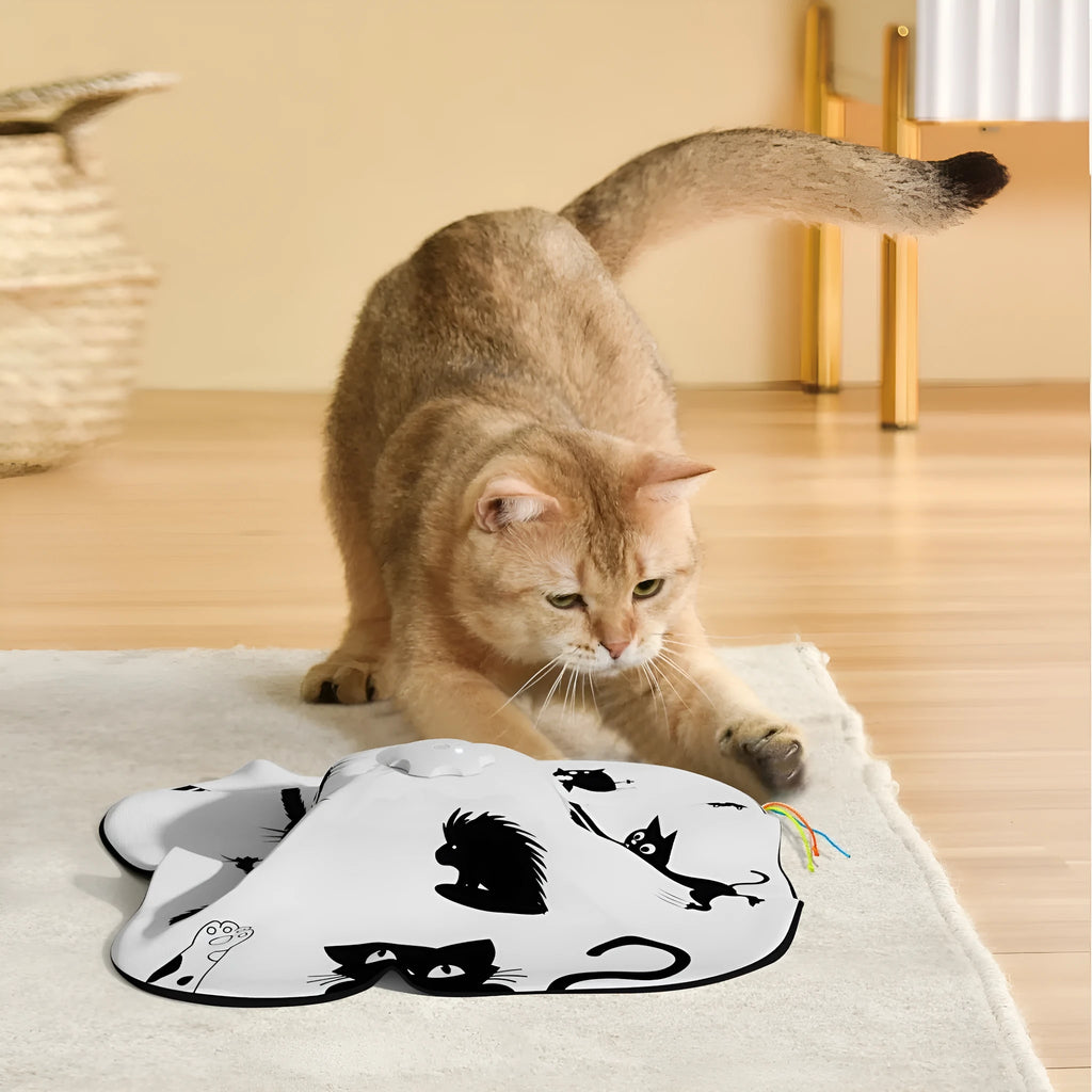 Automatic cat teaser toy with moving wand in picture colour design, measuring 19.8x11.5x19.5cm