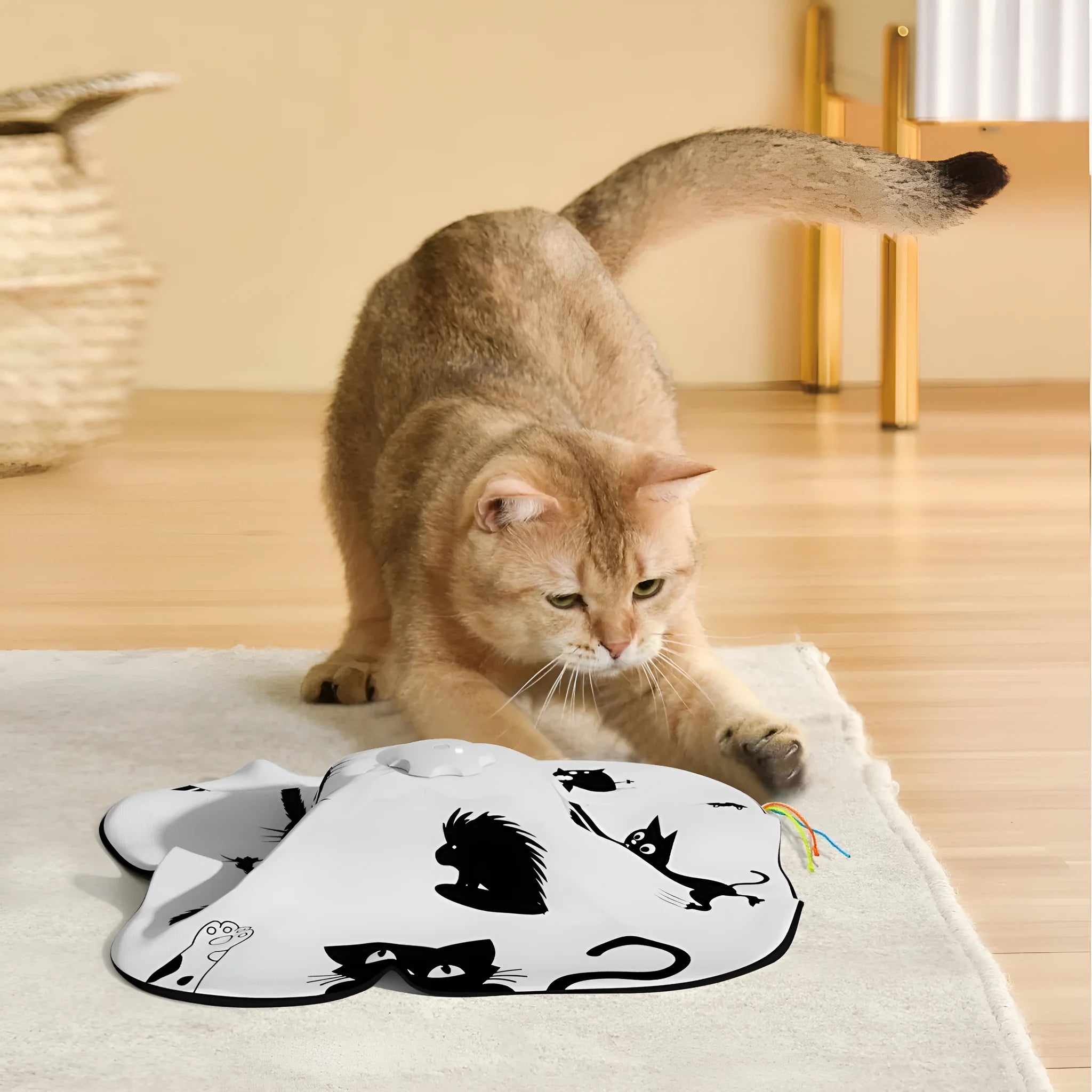 Automatic cat teaser toy with moving wand in picture colour design, measuring 19.8x11.5x19.5cm