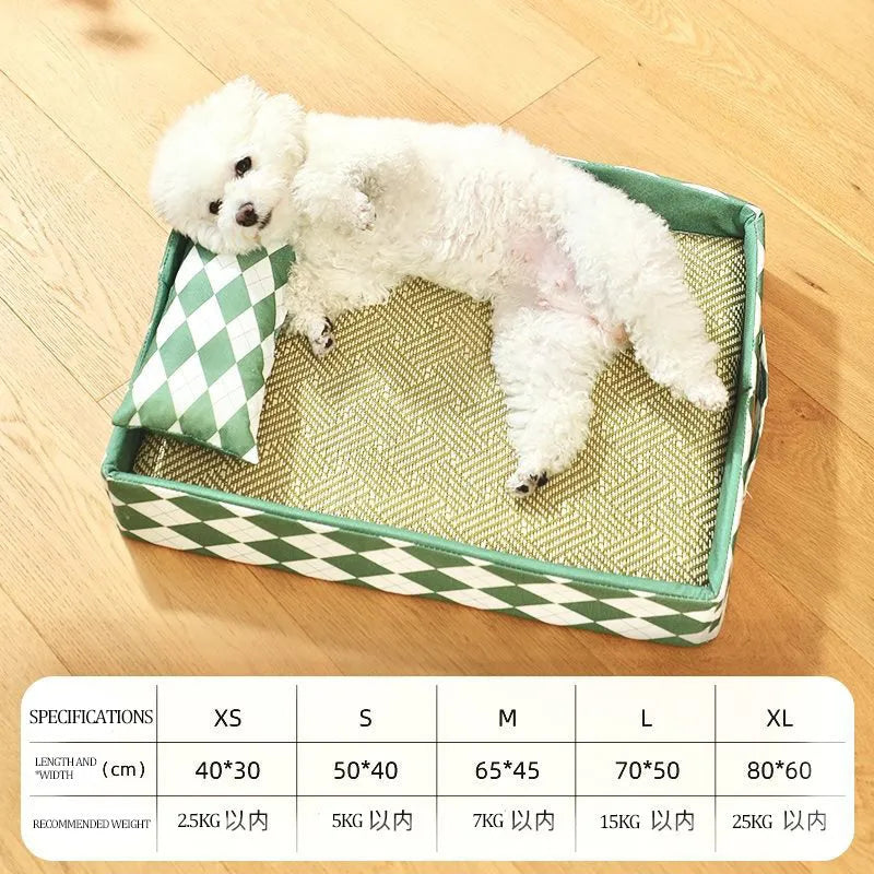 Blue rattan cat mat with removable cover serving as a litter mat and pet bed.