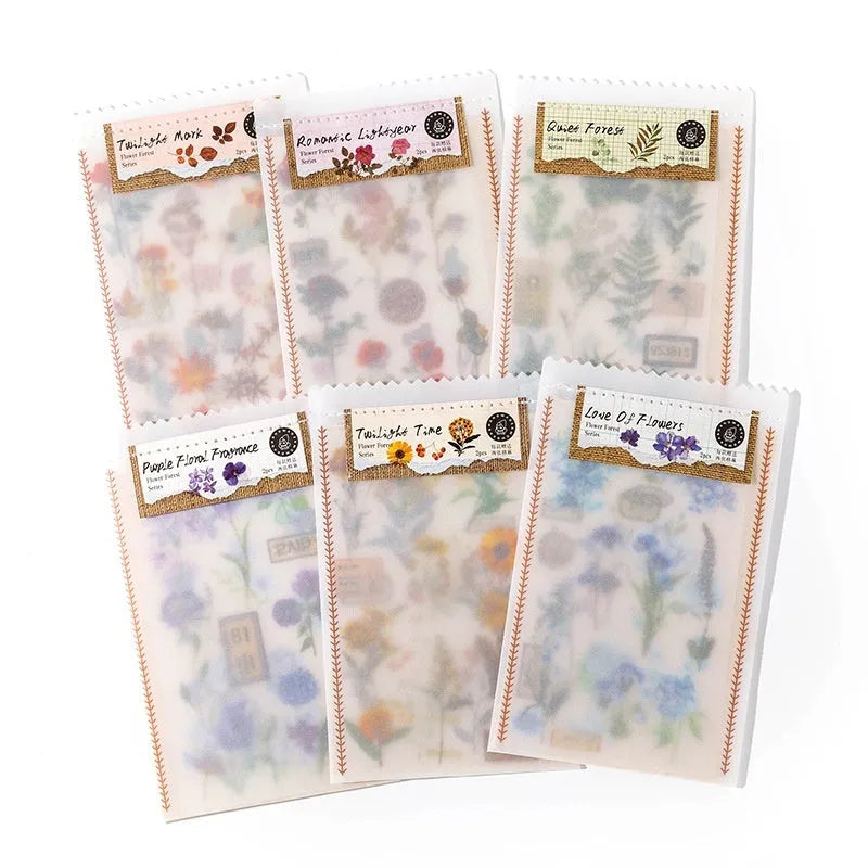 Huazhisen Series art sticker pack showing forest-themed label designs on transfer paper and cotton linen sheets.