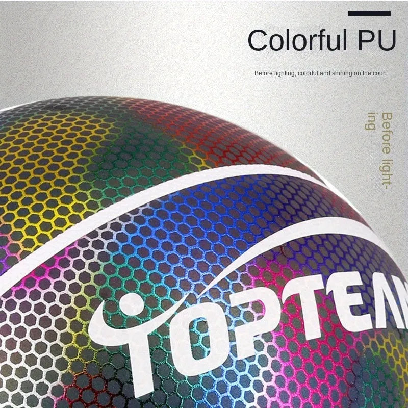 Holographic luminous reflective no. 7 basketball in chroma colour with wear-resistant PU surface