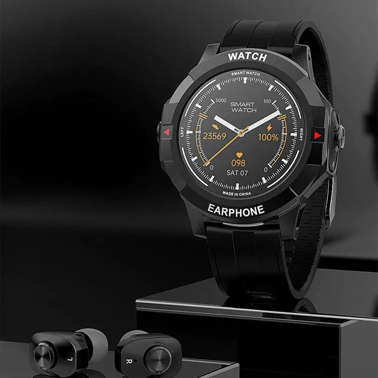 Two-in-one smart watch with detachable Bluetooth earphones, 1.3-inch HD display, black and black red