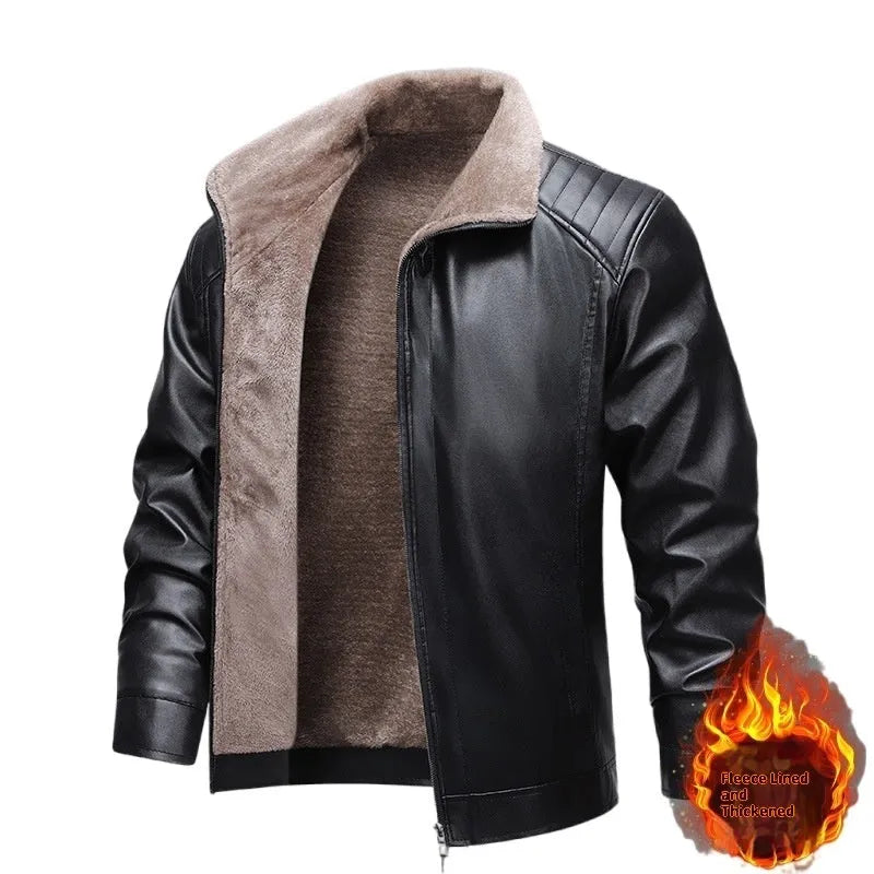 Fleece-lined thickened PU leather men's jacket in black, with polyester fibre lining, normal length 50cm