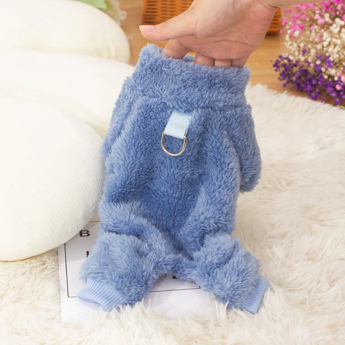 Four-legged thick plush dog clothing with high collar in blue colour showing full coverage design
