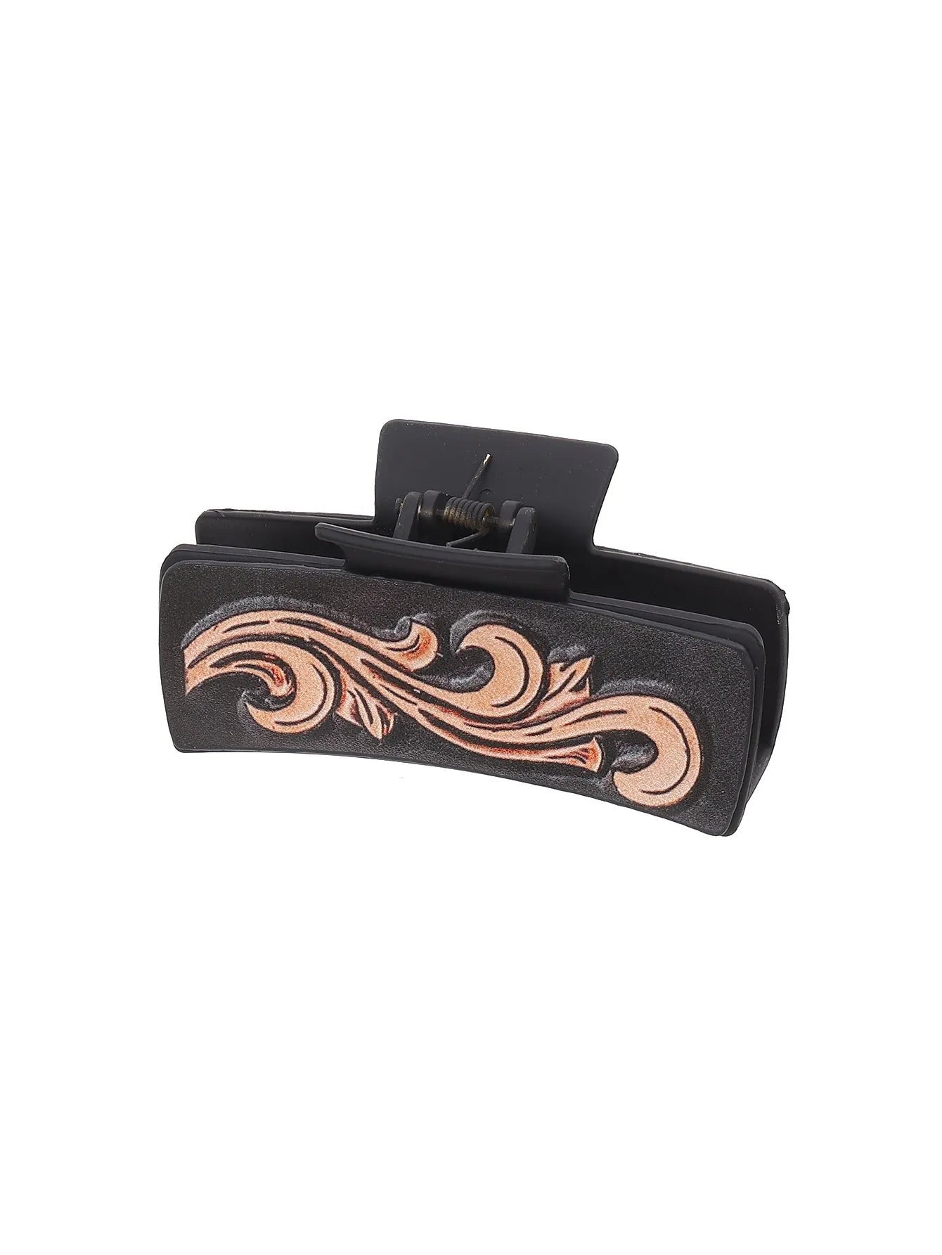 Gray artificial leather barrette with sunflower motif and denim style finish for ladies