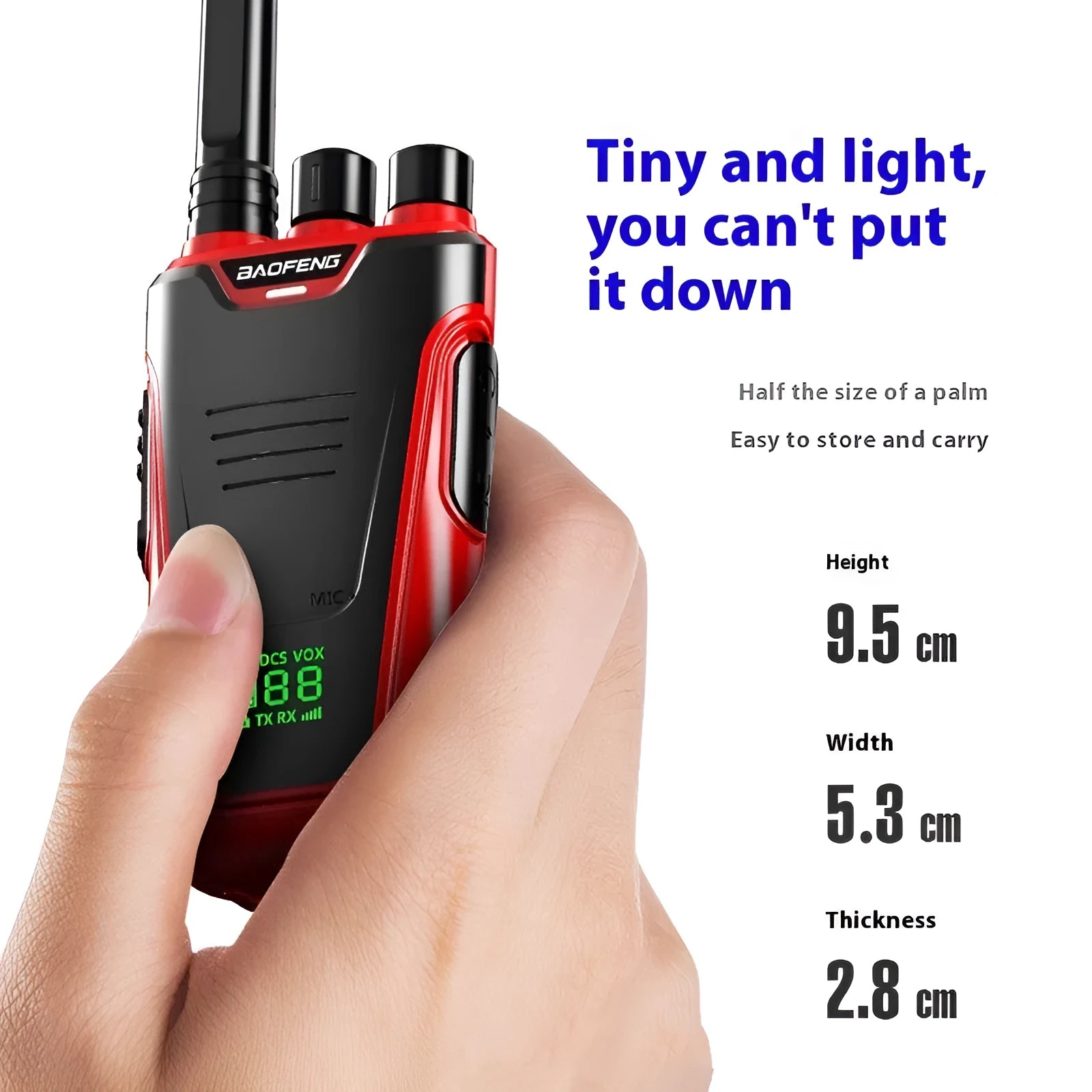 Red and yellow children's walkie talkies showing front display and USB charging port