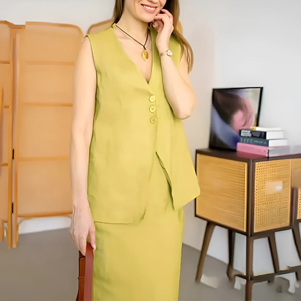 A woman wearing a blue sleeveless vest and matching long skirt from a polyester two-piece suit.