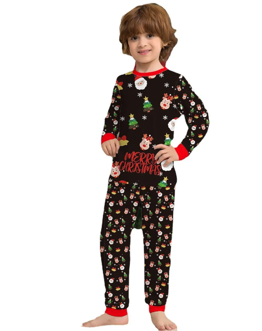 Family wearing matching red plaid Christmas pyjamas with dog in coordinating pyjamas