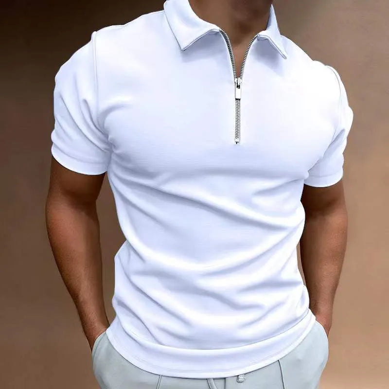 Men's casual short sleeve polo shirt with a digital print pattern, shown in a loose fit.