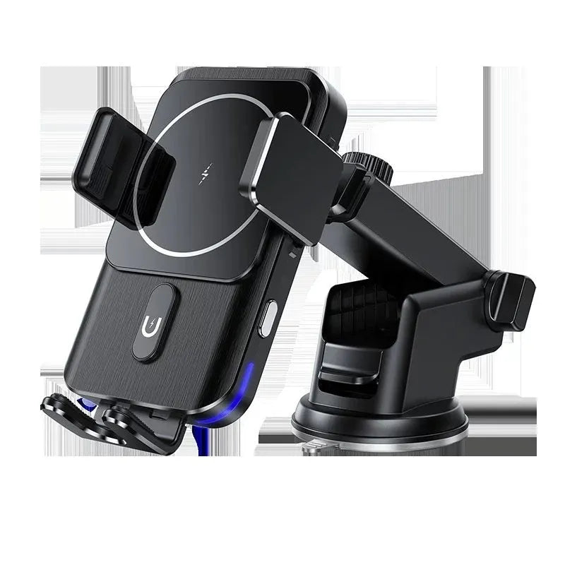 Black car wireless charger mobile phone holder with 15W fast charging capability