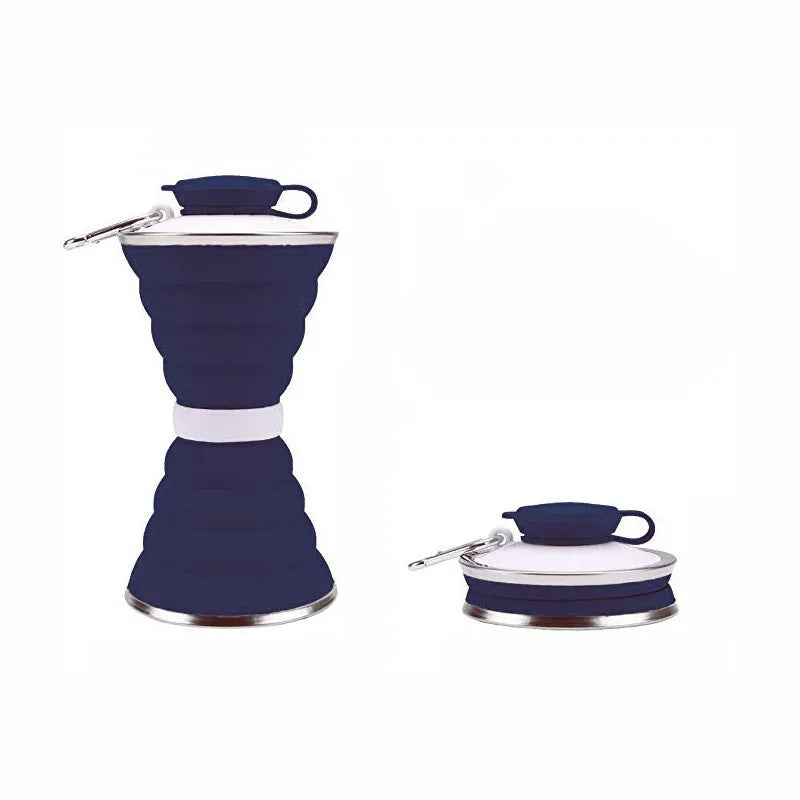 Collapsed and unfolded 500ml silicone travel cup in various colours with lid and carry hook