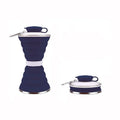 Collapsed and unfolded 500ml silicone travel cup in various colours with lid and carry hook