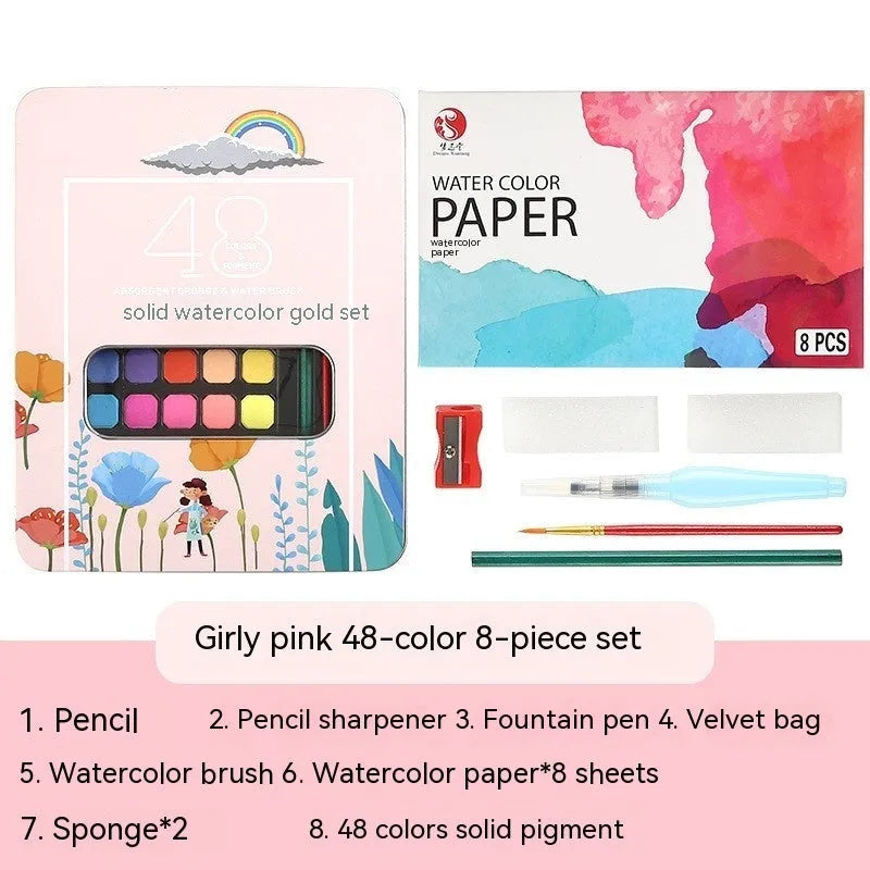 Box of 48 solid watercolour paints including Black Knight, Girl Pink, and Sunshine Blue colours.