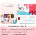 Box of 48 solid watercolour paints including Black Knight, Girl Pink, and Sunshine Blue colours.