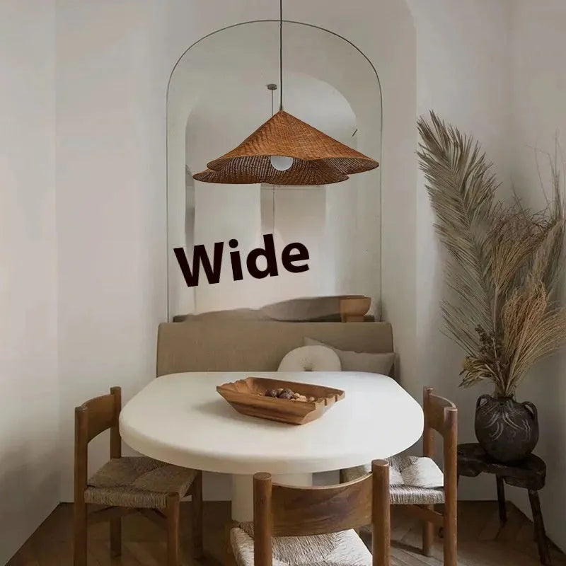Natural rattan woven pendant ceiling lamp in Zen style, shown in 50cm, 60cm, and 80cm diameter options.