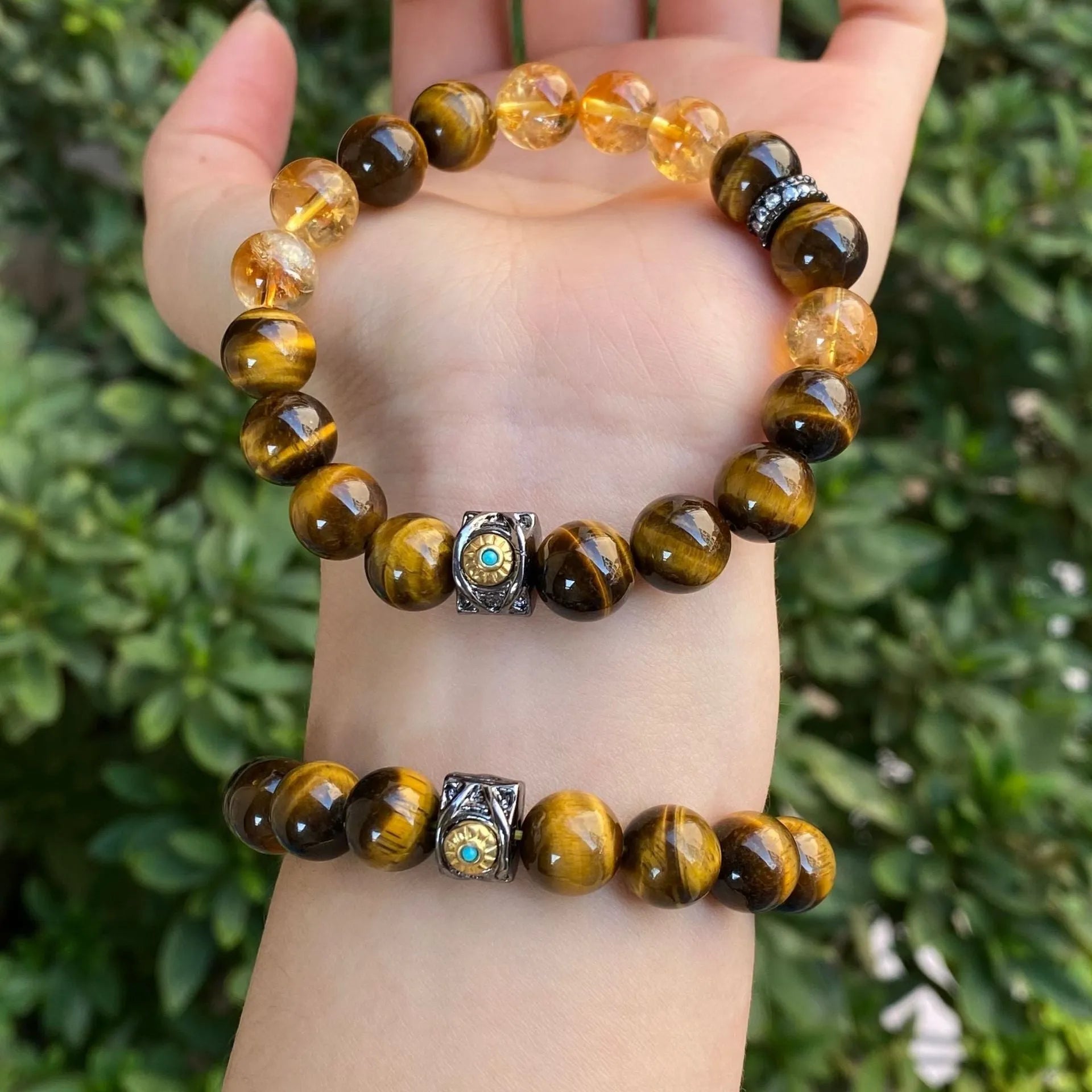 Handmade unisex crystal bracelet with diamond-studded gourd charm and mix of 8mm and 10mm prayer wheel, topaz, and disc beads.