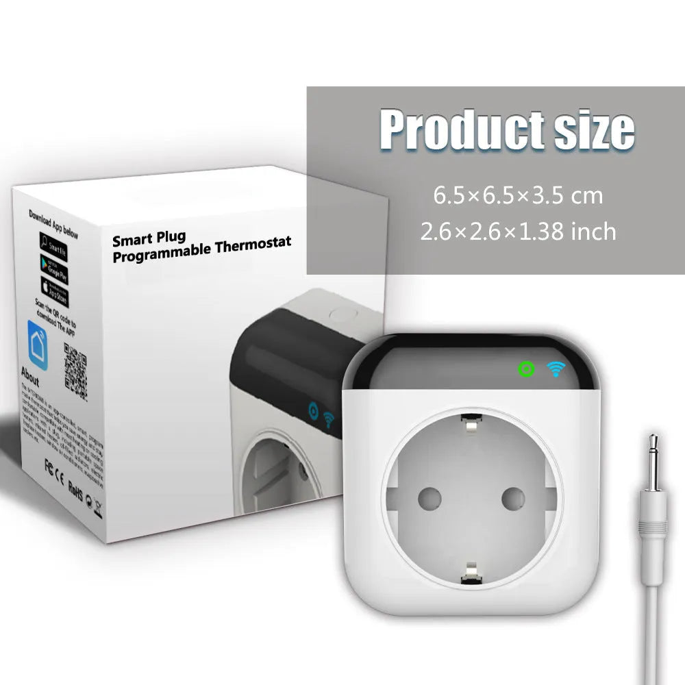 White Tuya WiFi smart socket with temperature sensor probe and US 3-hole plug design