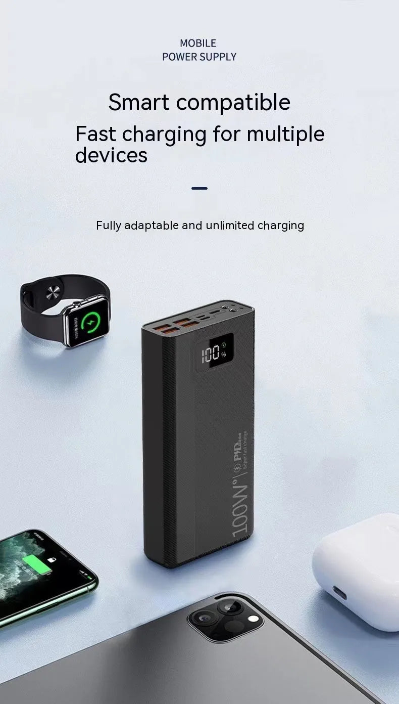 Black and white high capacity power bank showing front view with dimensions