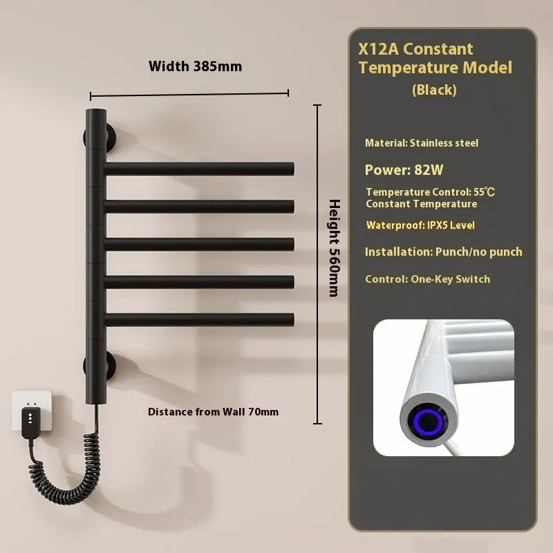 5-layer stainless steel electric towel rack in black with punch-free mounting and WiFi control