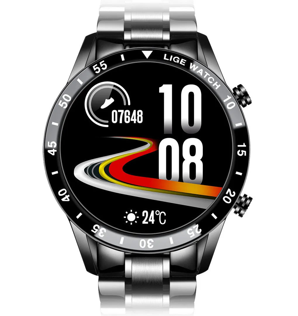 Smart watch with stainless steel band and 1.3 inch touch screen showing activity tracking display