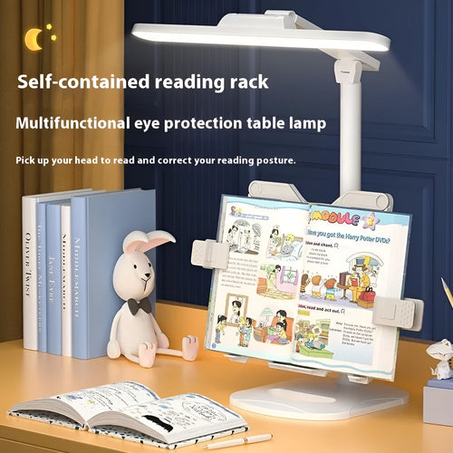 Adjustable desk lamp with reading light showing three temperature settings and dual power options