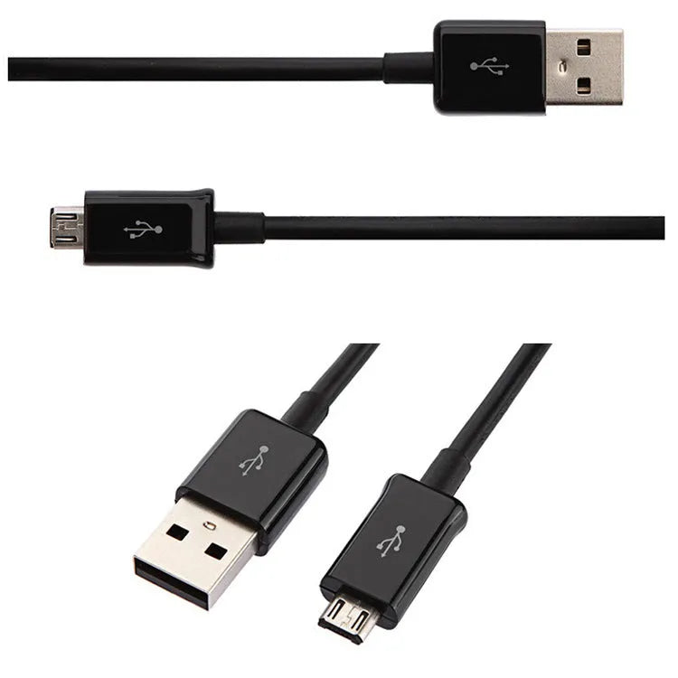 Black and white Android Micro USB data charging cable, 1 metre long with PVC coating.