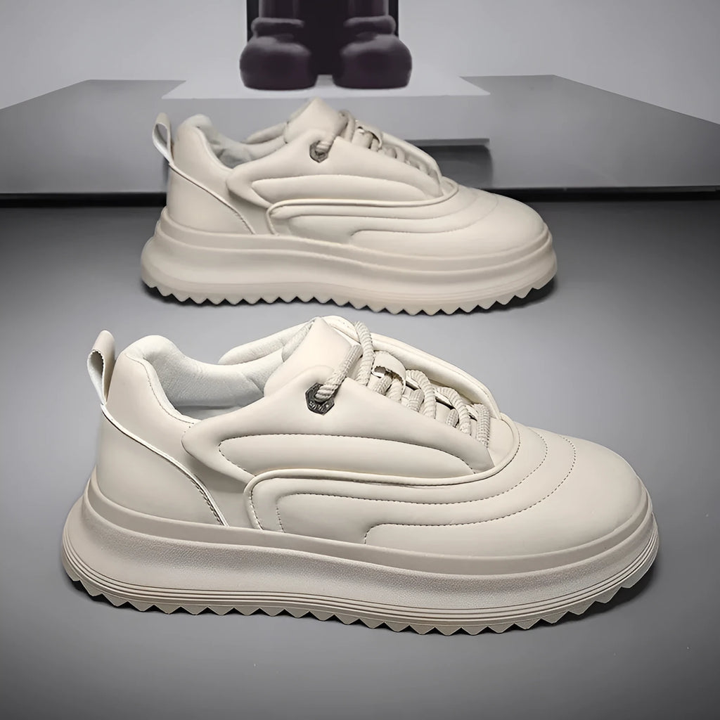 PU leather height increasing bread shoes with cowhide upper, low heel, in khaki, apricot, ivory white, black knight.