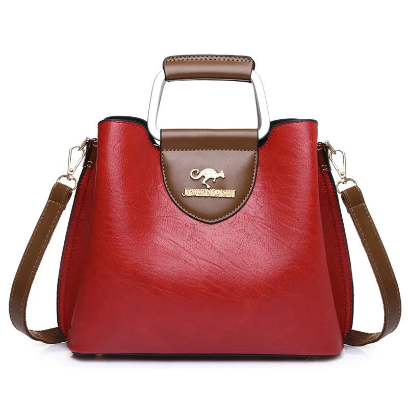 Large capacity PU tote bag in soft leather-look texture horizontal square shape with sewing line detail available in Black Dark Brown Green Red